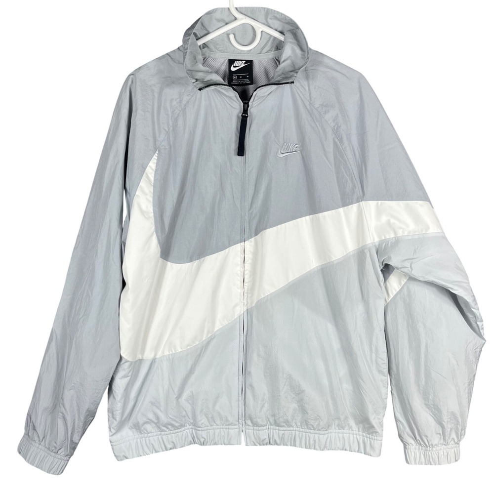 Nike Windbreaker Mens Medium Grey White Oversized Swoosh Full Zip
